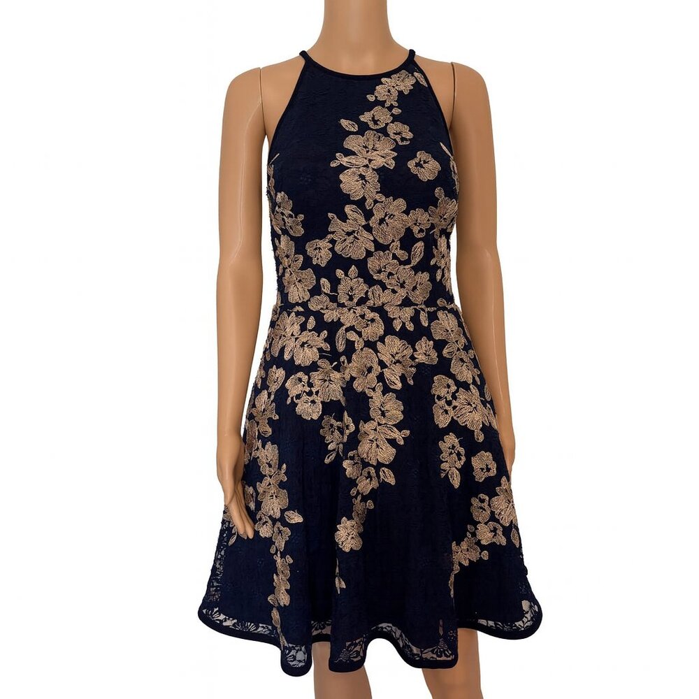 Navy Floral Halter Fit & Flare Lined Cocktail Dress - Size 10